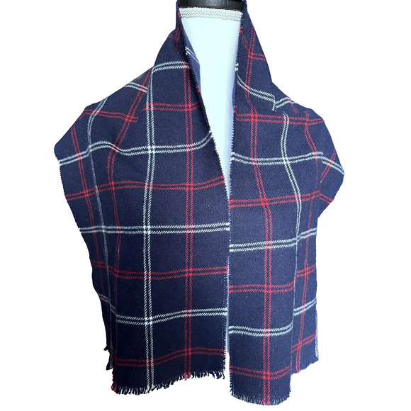 Loch Lomond 100% Wool Scarf Made In England‎ Blue Red Plaid Fringe 48" Winter - Picture 1 of 2